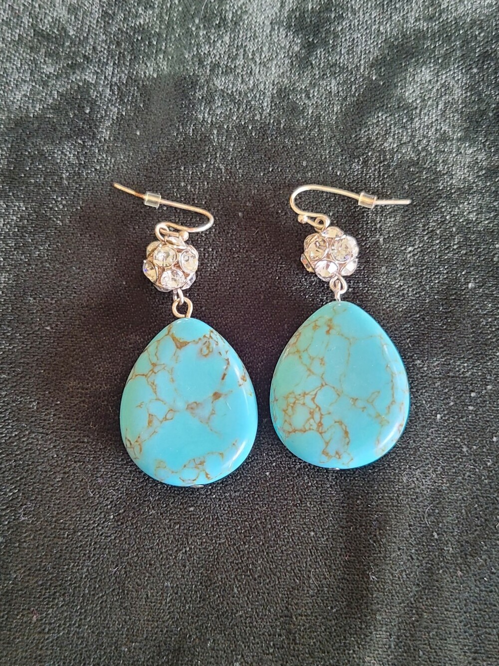 Turquoise Colored Teardrop Dangle Earrings With Crystal Accents